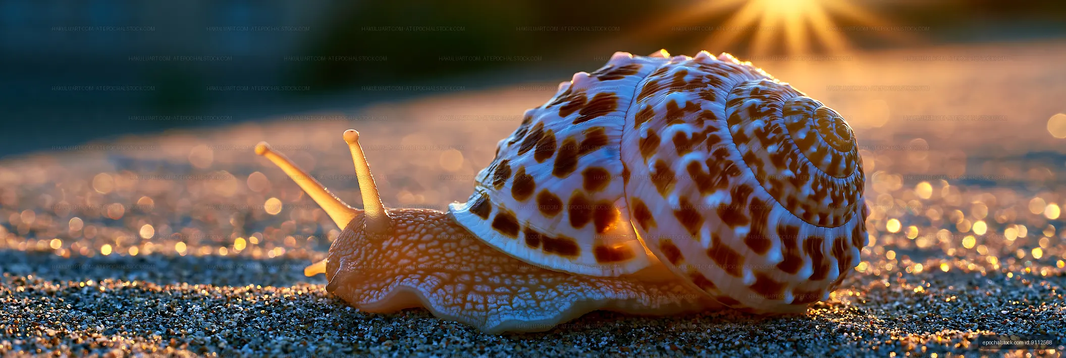 Colorful snail crawling on sand during sunset