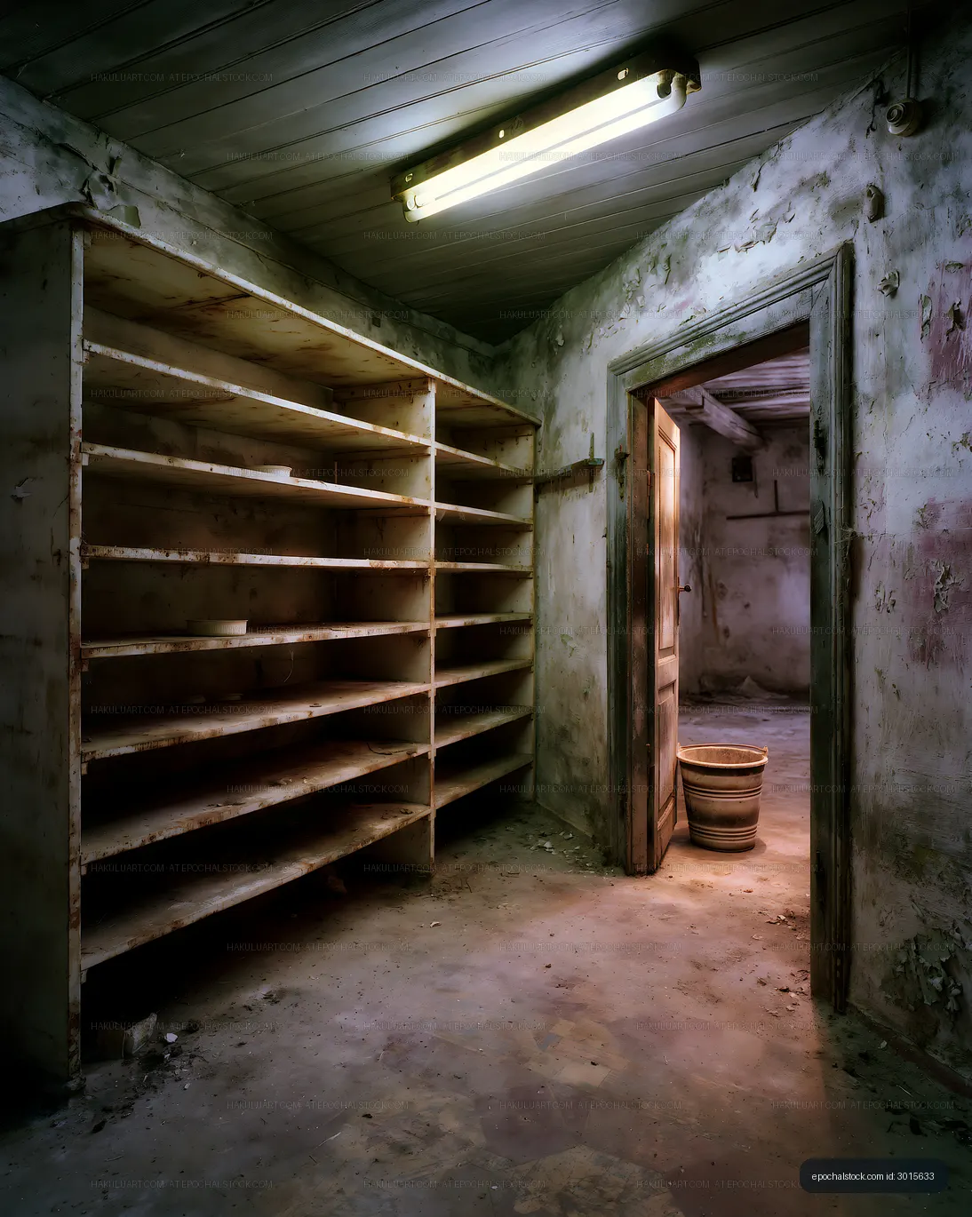 Abandoned room with empty shelves and a doorway
