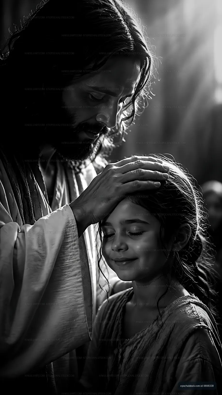 Jesus blessing a young girl with a gentle touch in a dim light