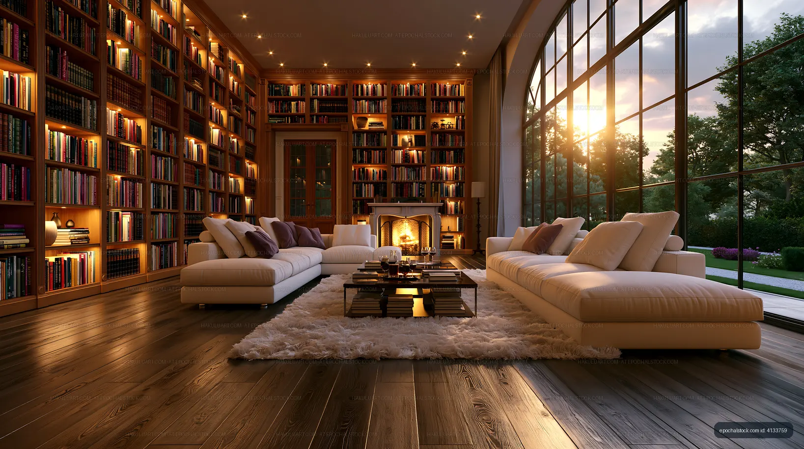 Cozy living room with a fireplace and bookshelves at sunset