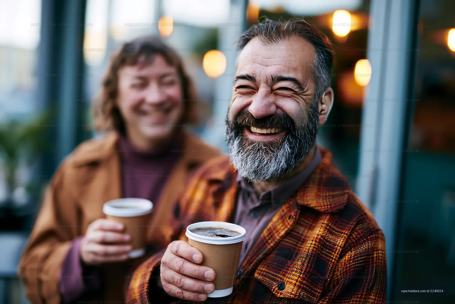 Happy friends enjoy coffee outdoors in the city