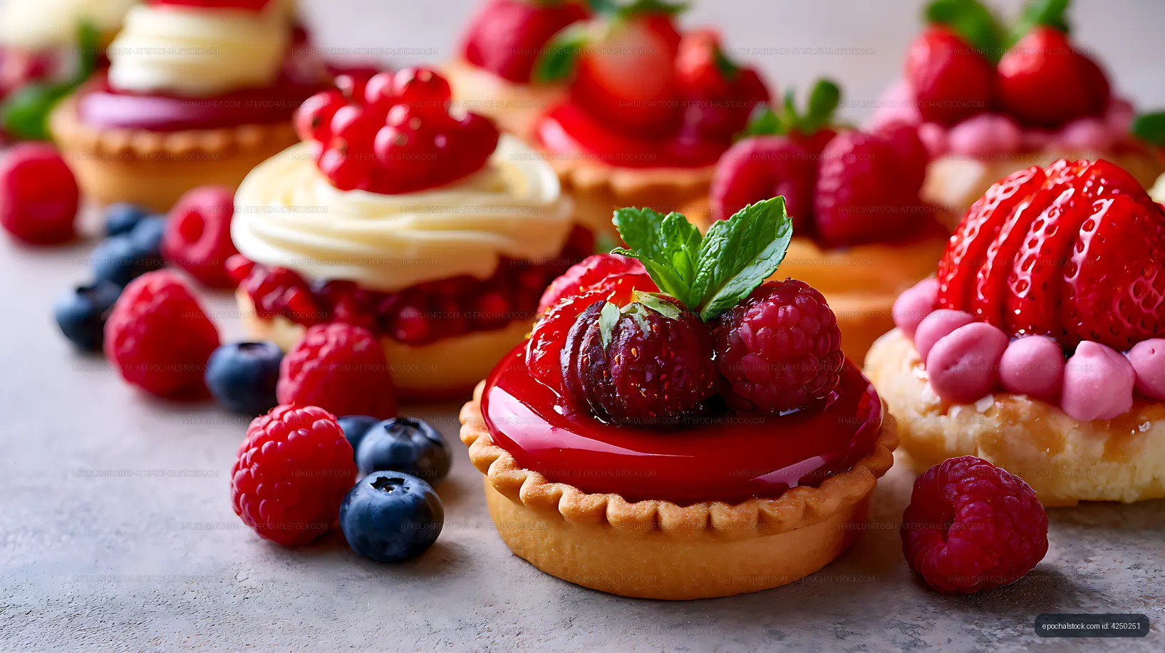 Fresh berry desserts on a table in a bakery display