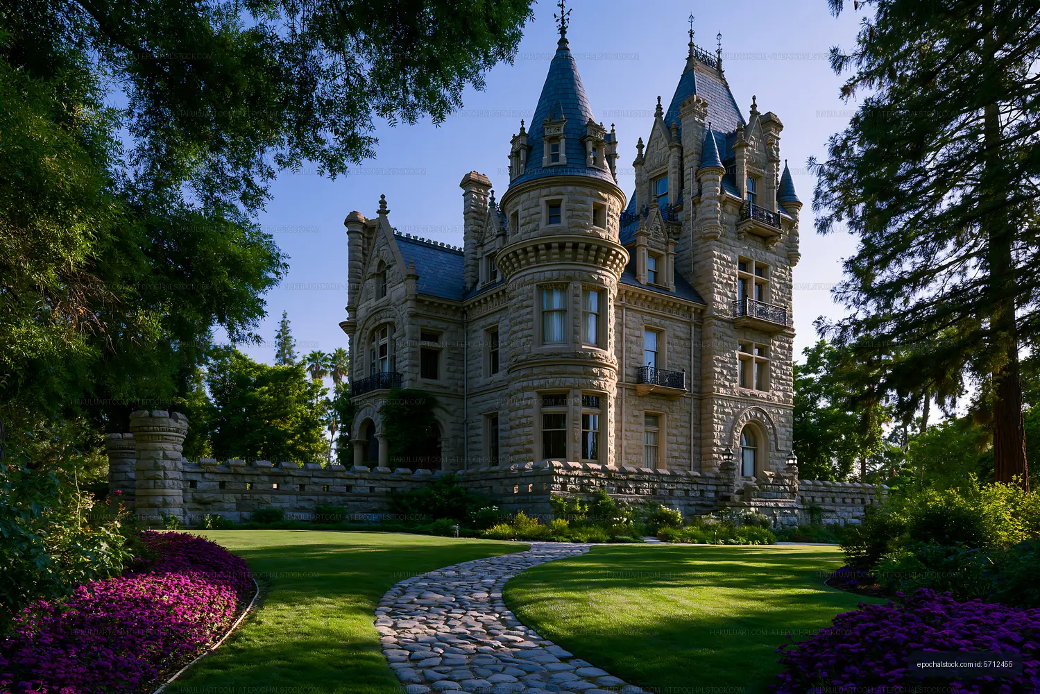 Historic mansion with landscaped garden and stone pathway