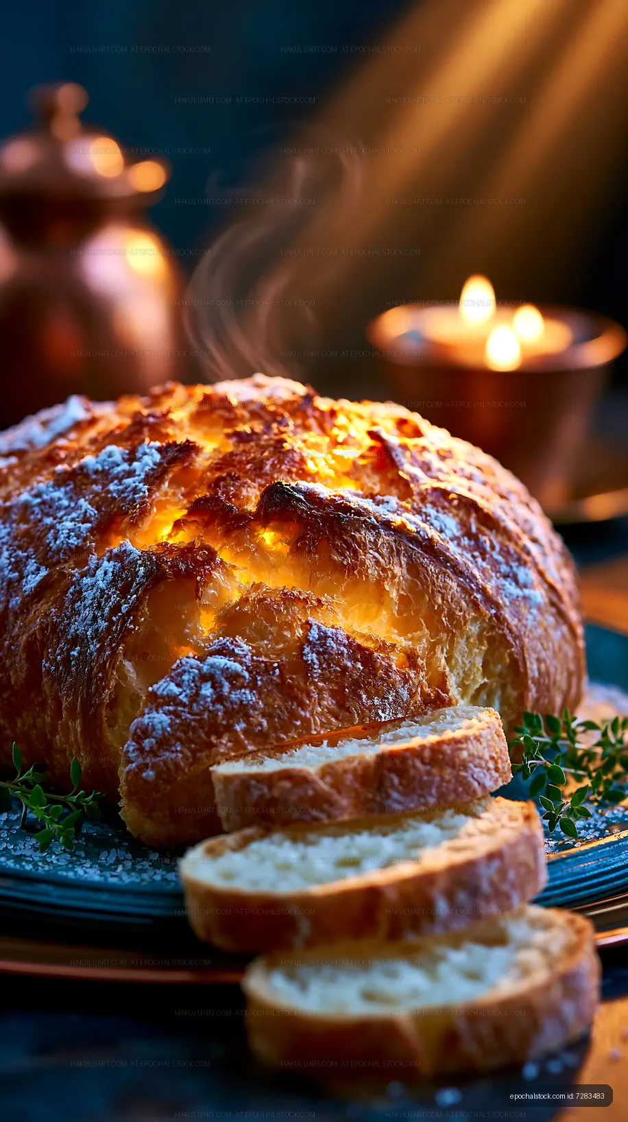 Freshly baked bread with warm steam and sliced on a plate