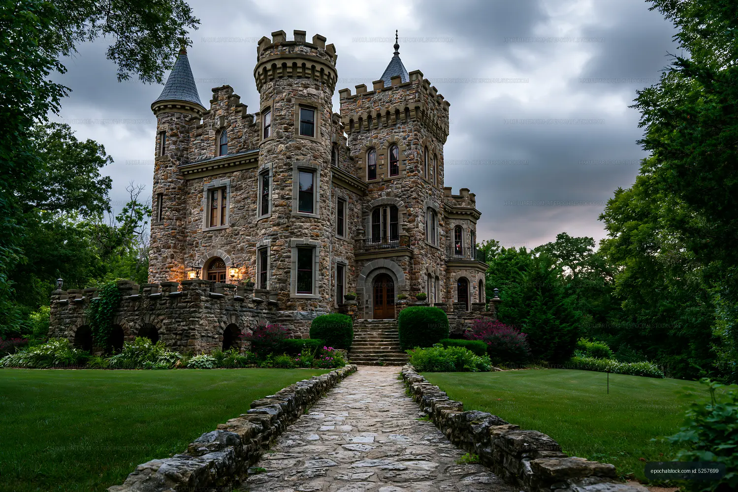 Historic stone castle with towers and garden pathway at dusk