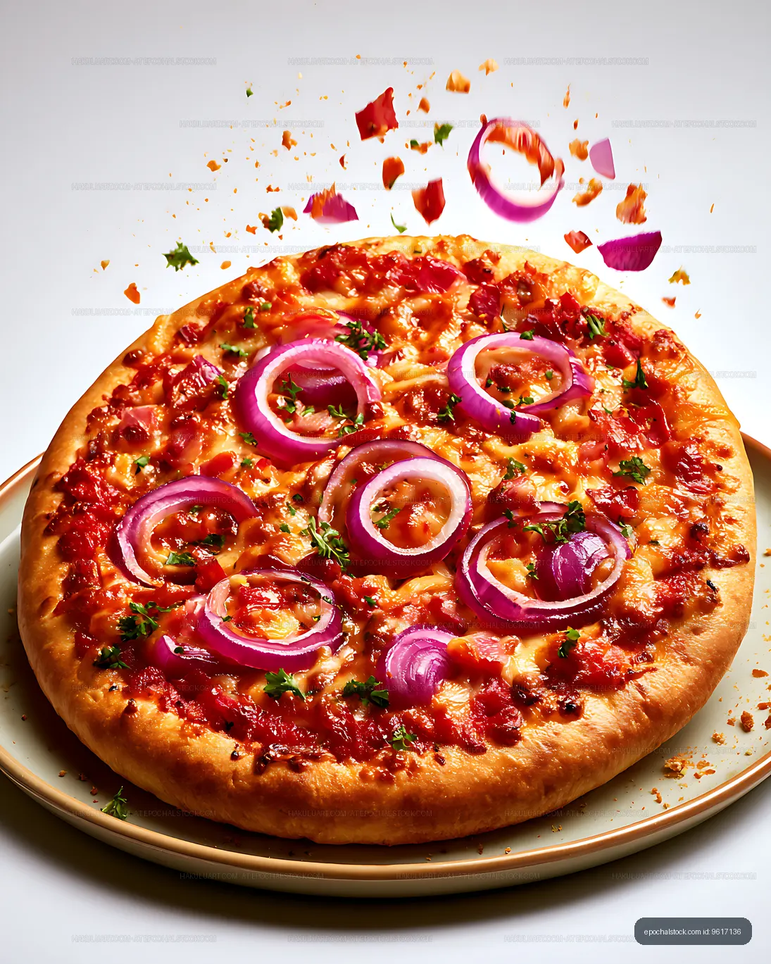 Pizza with red onions on a plate with toppings scattered around