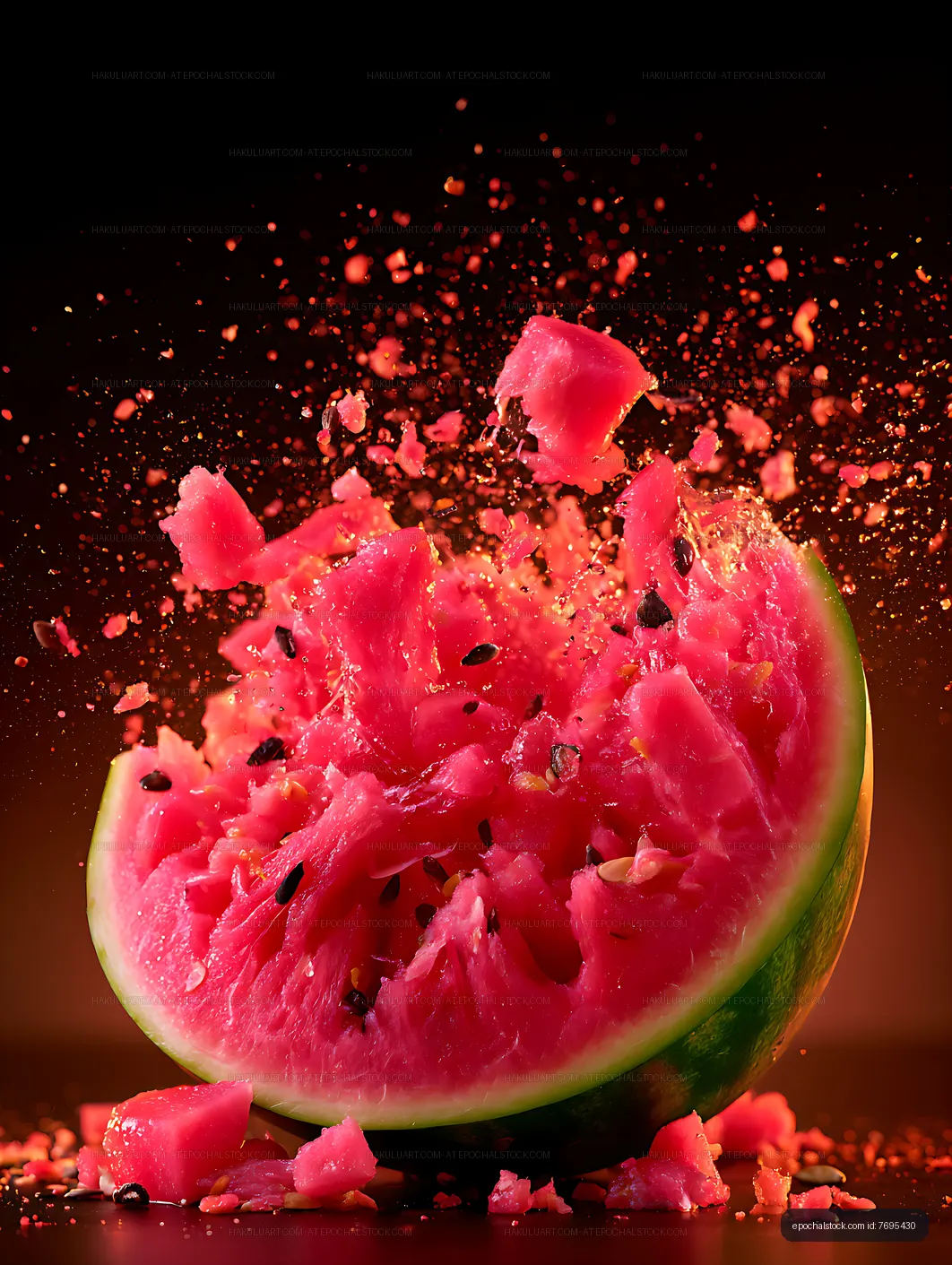 Watermelon explosion with pink flesh and seeds on black background