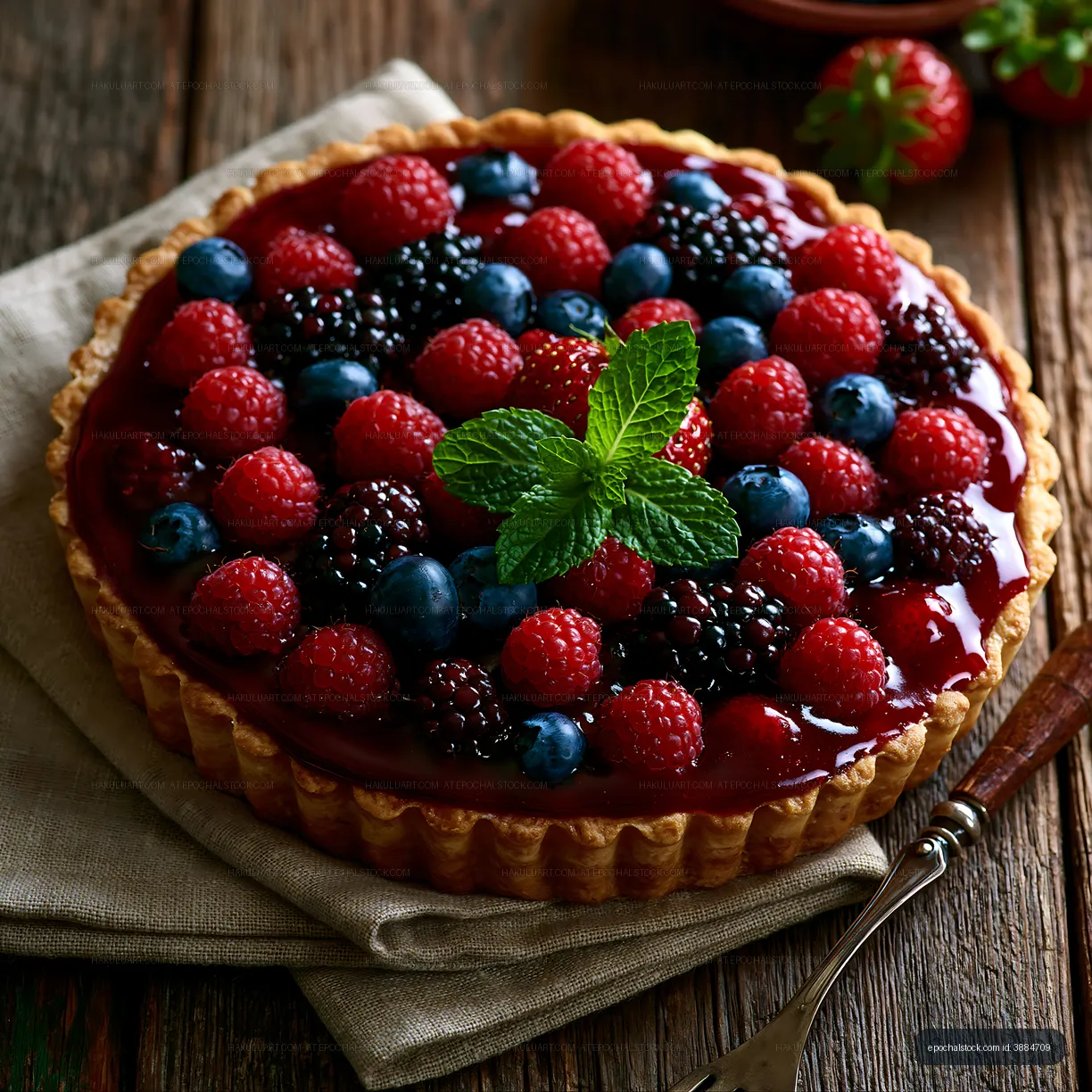 Berry tart with fresh raspberries and blueberries on wooden table