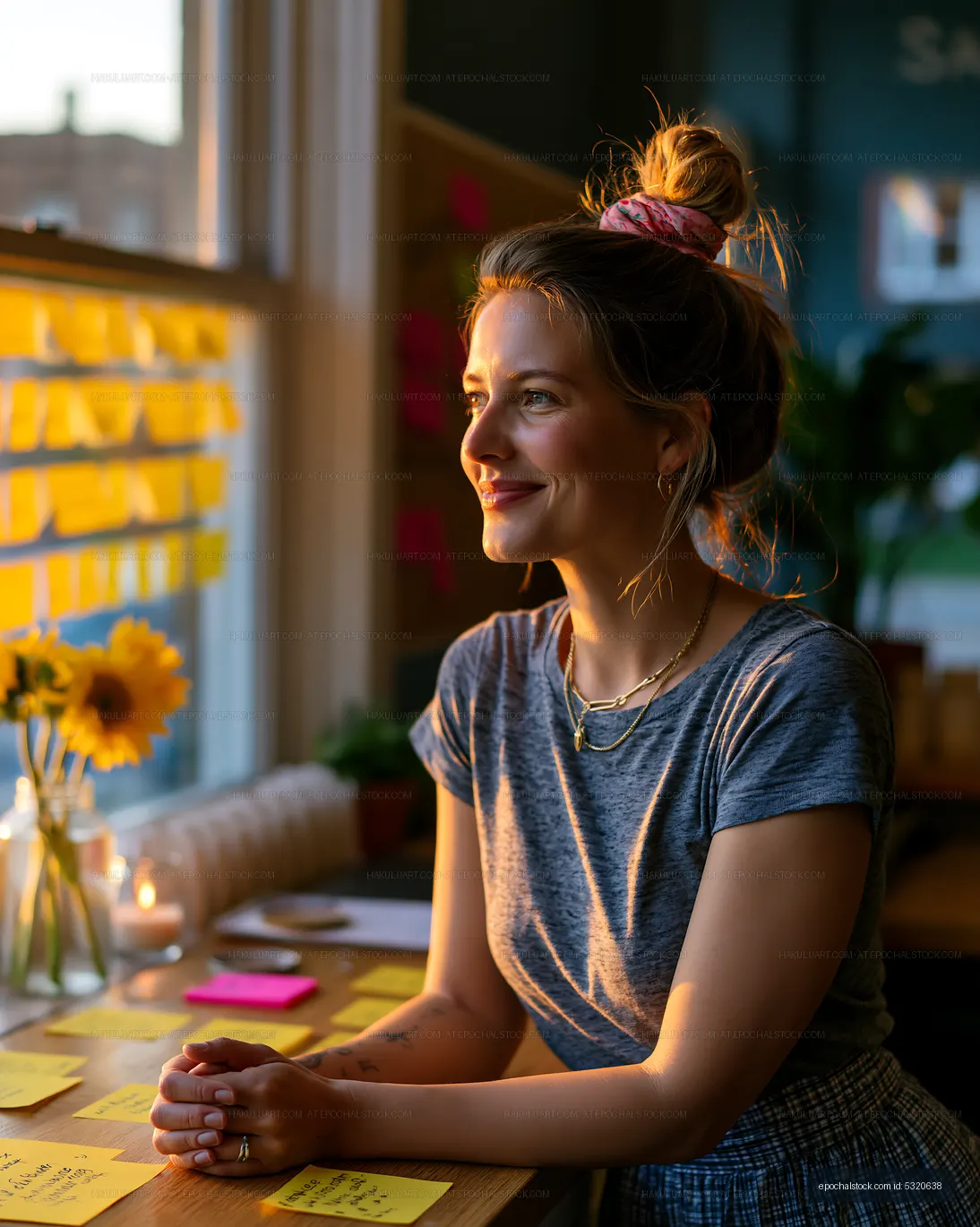 Woman looking out the window with sticky notes in background