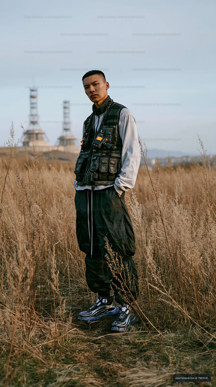 Man standing in a field with industrial buildings in the background