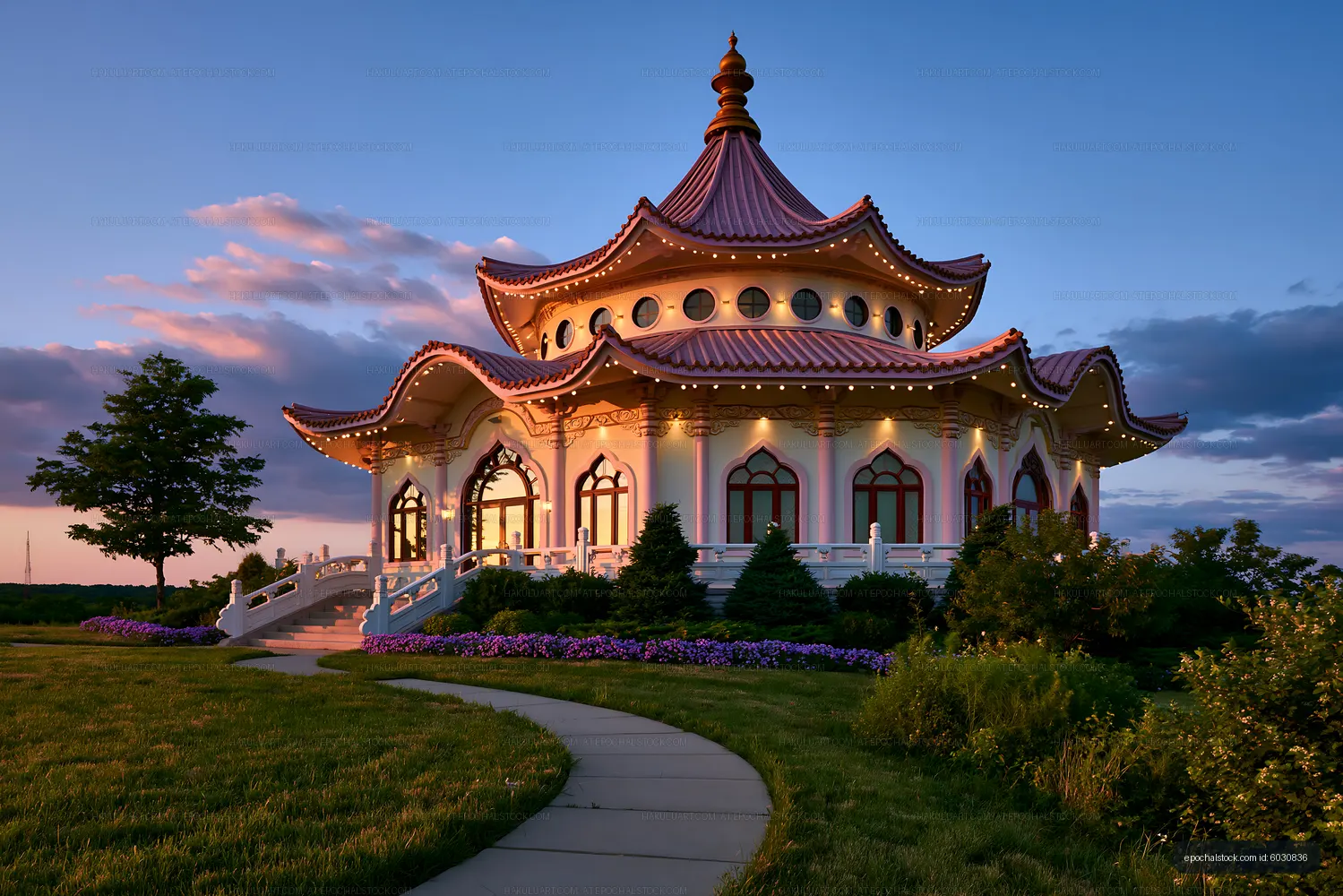 Sunset view of a temple surrounded by trees and a path