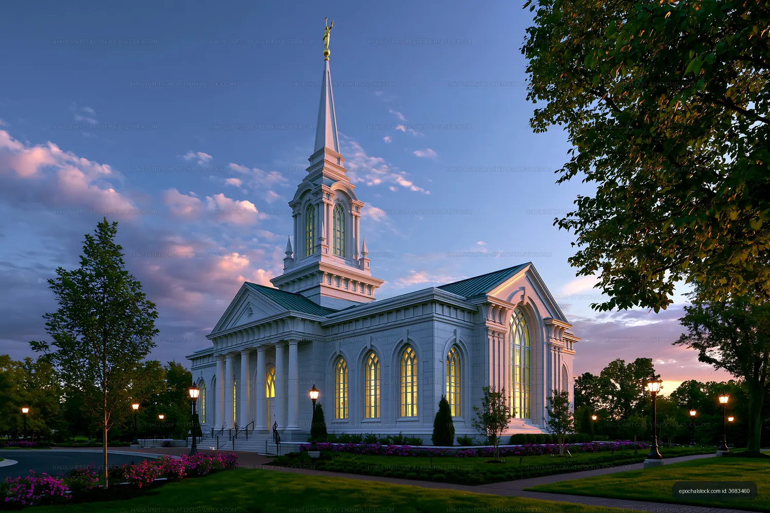 Church building at dusk with illuminated windows and greenery