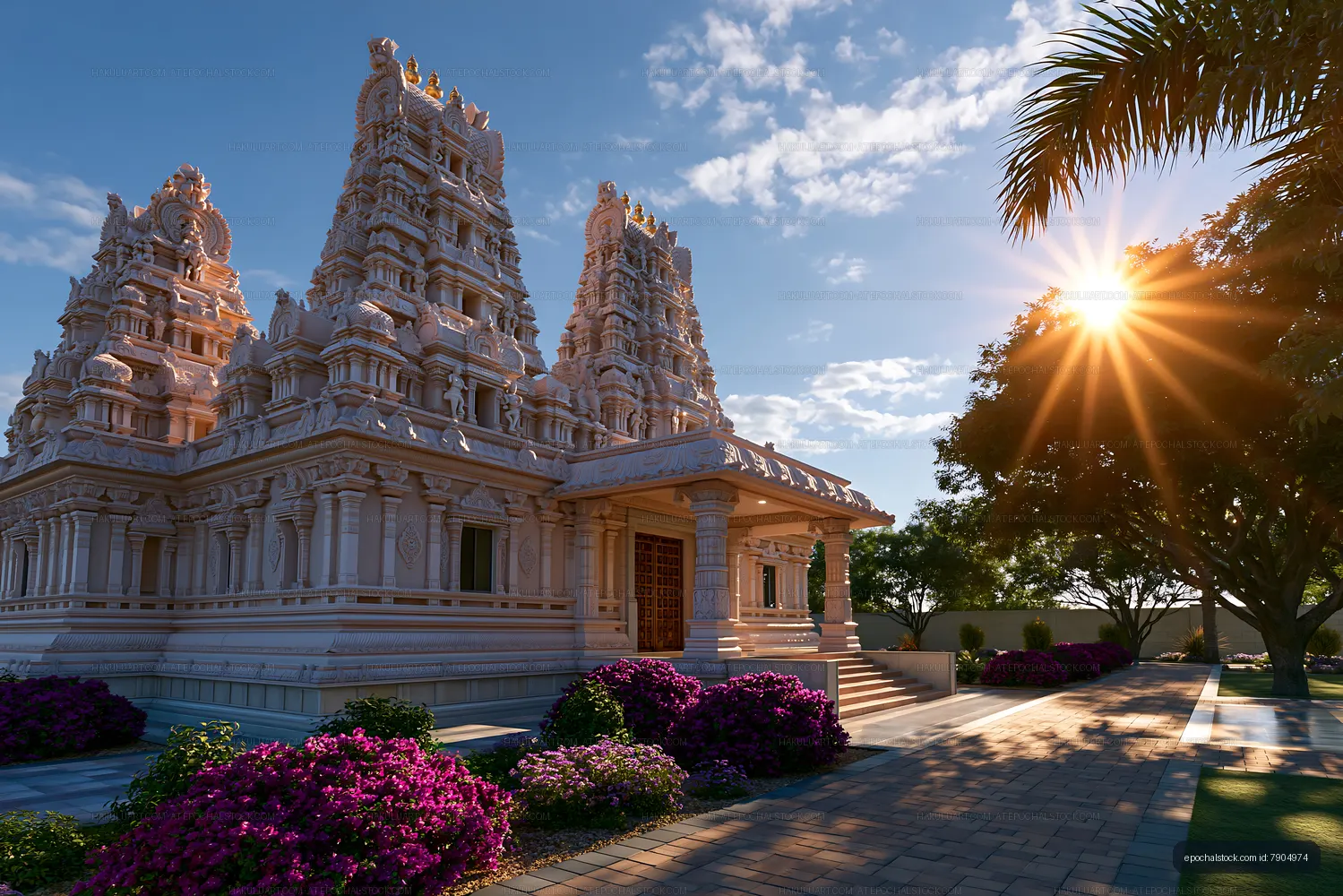Beautiful temple with sculptures and sunlight in the background