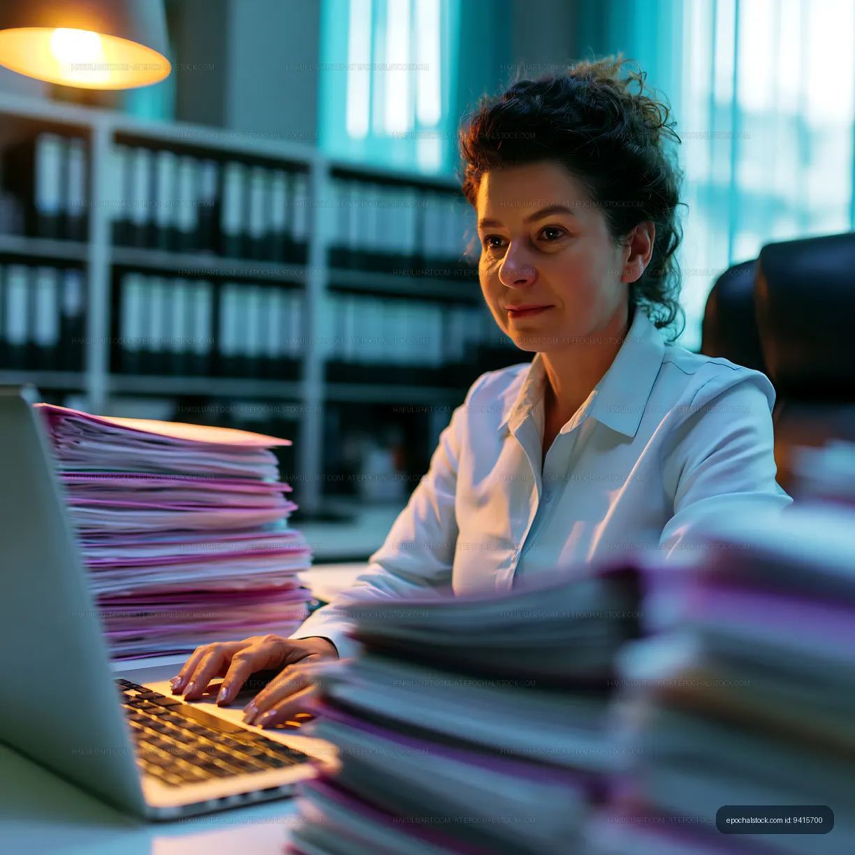 Office worker typing on laptop surrounded by paperwork at night