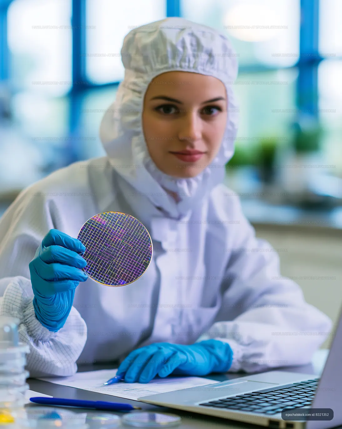 Scientist working in a lab holding a semiconductor wafer