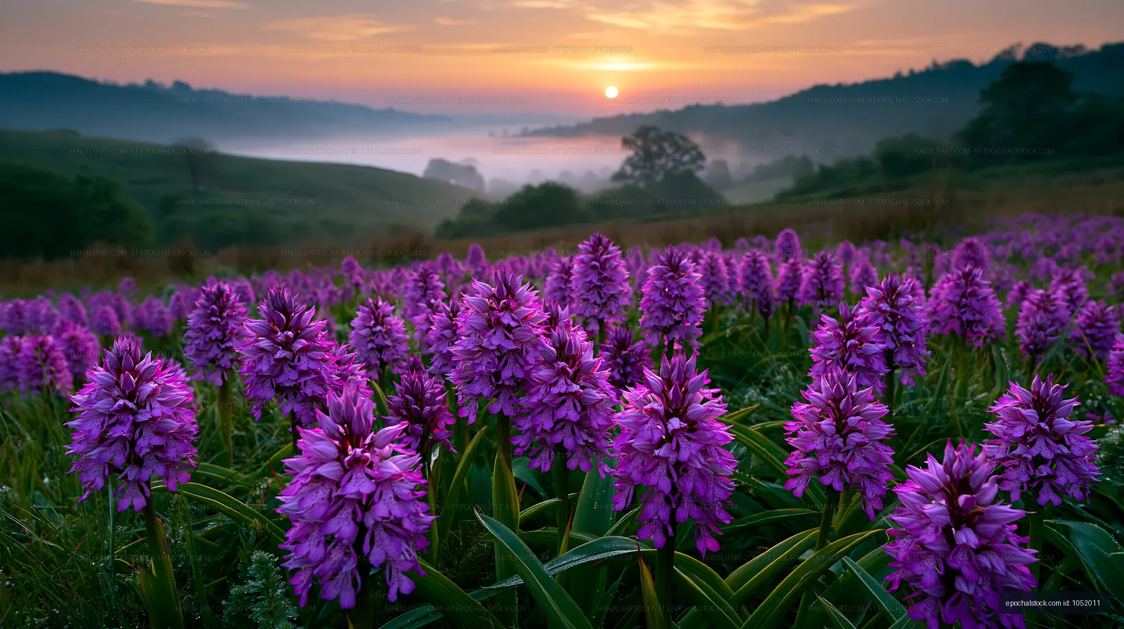 Colorful flowers bloom at sunrise in a misty valley