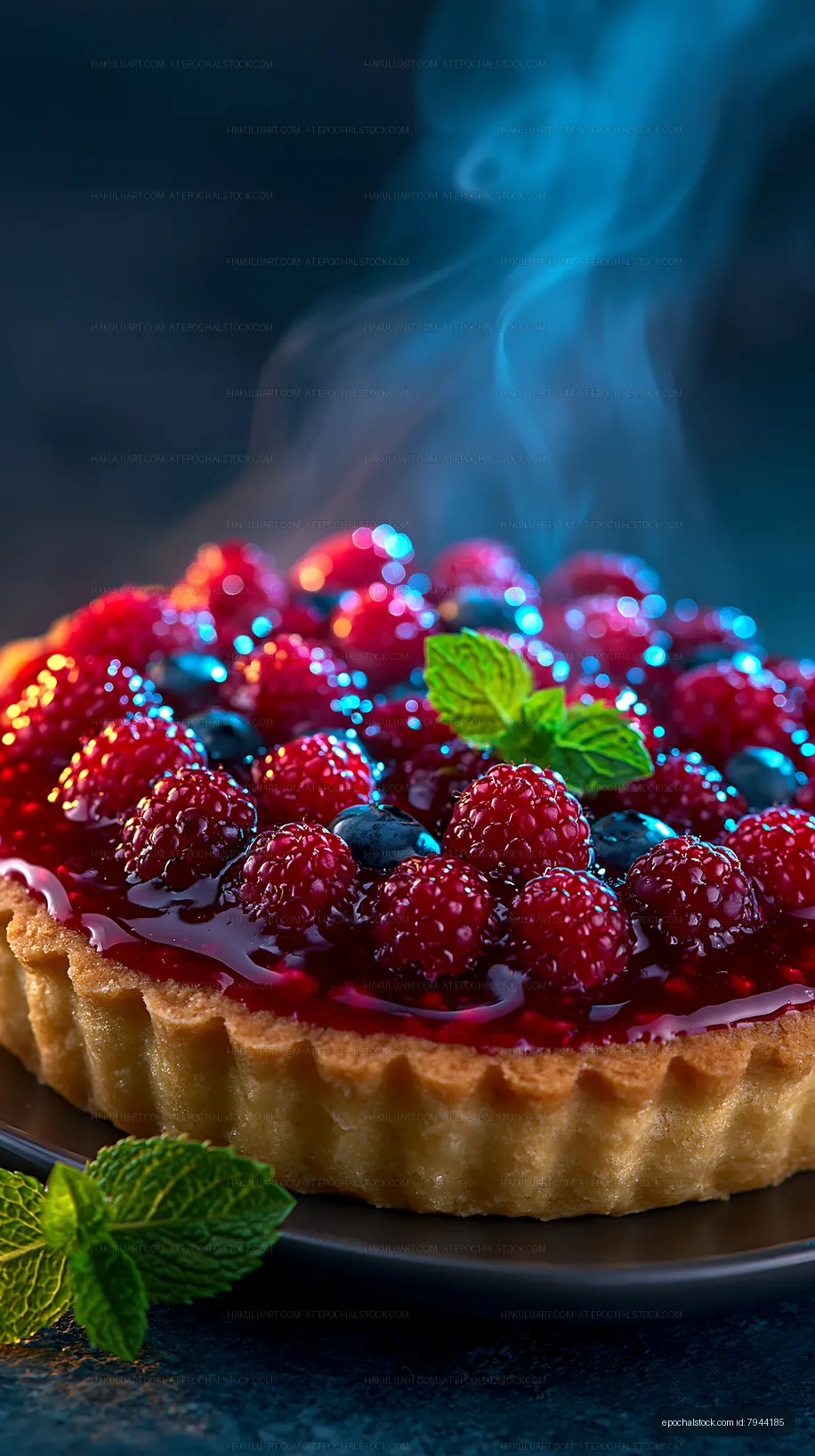 Delicious raspberry tart with steam and mint leaves on display