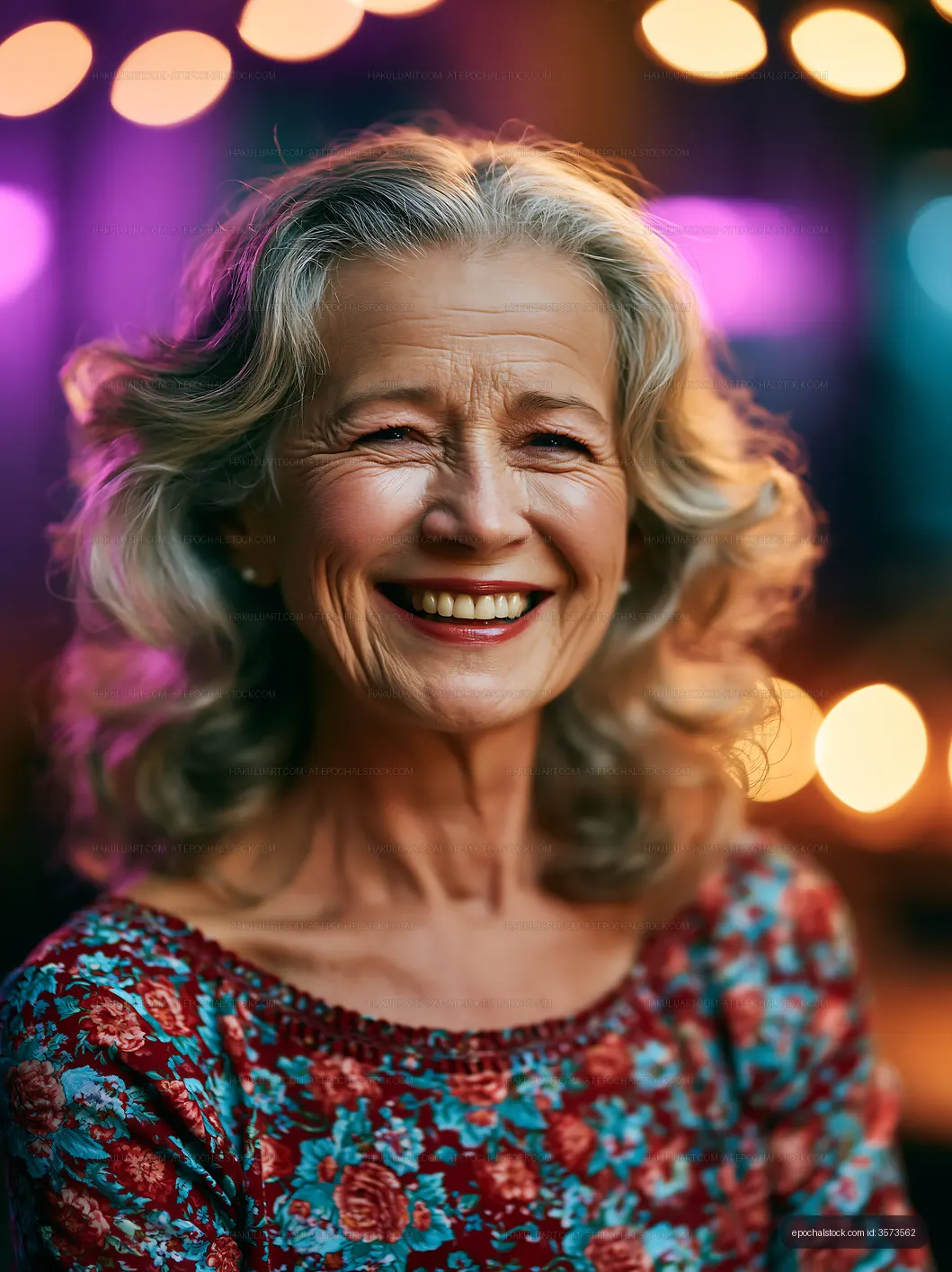 Smiling older woman with curly hair in vibrant setting