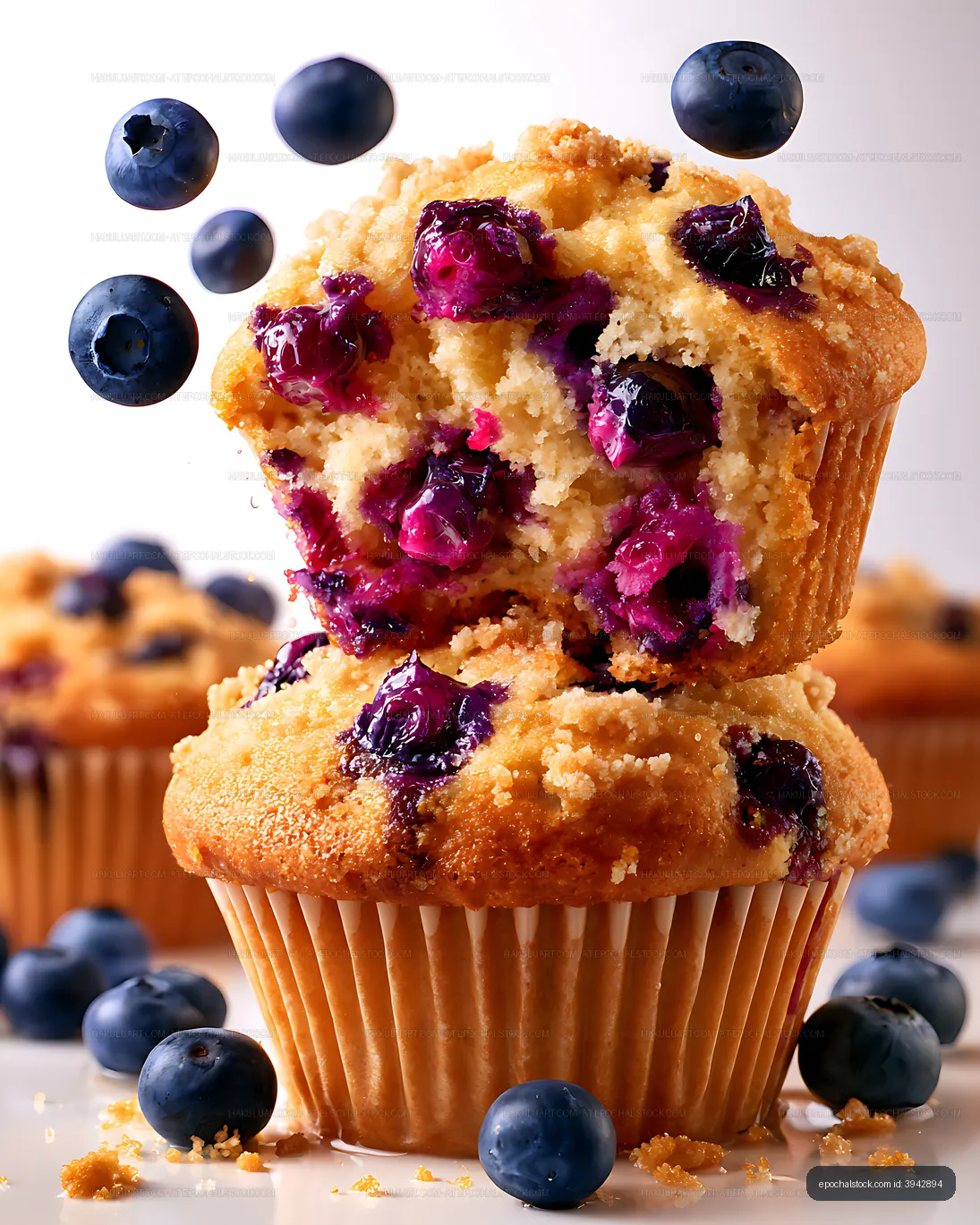 Blueberry muffins on a table with fresh berries around them