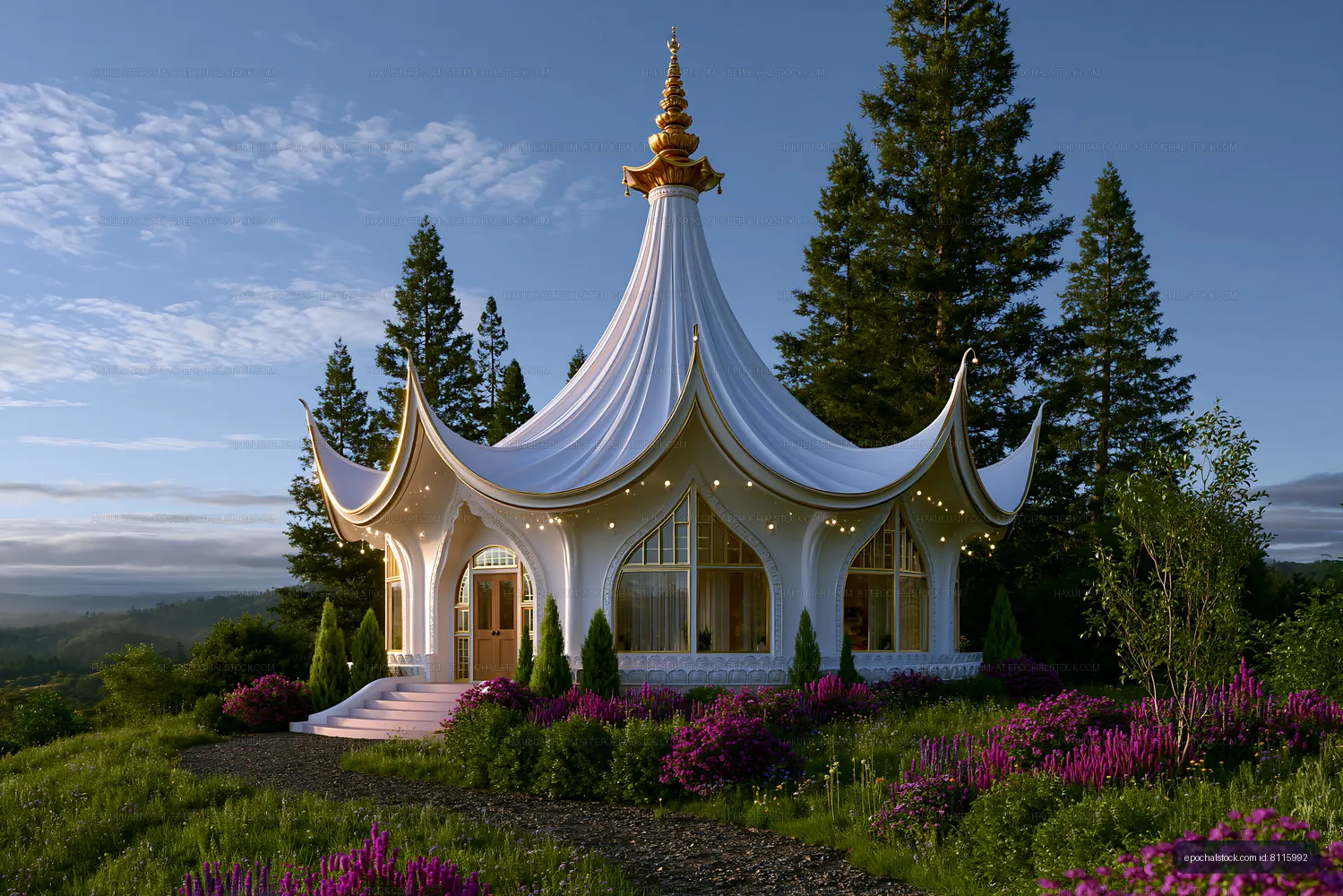 Unique white architectural structure surrounded by trees and flowers