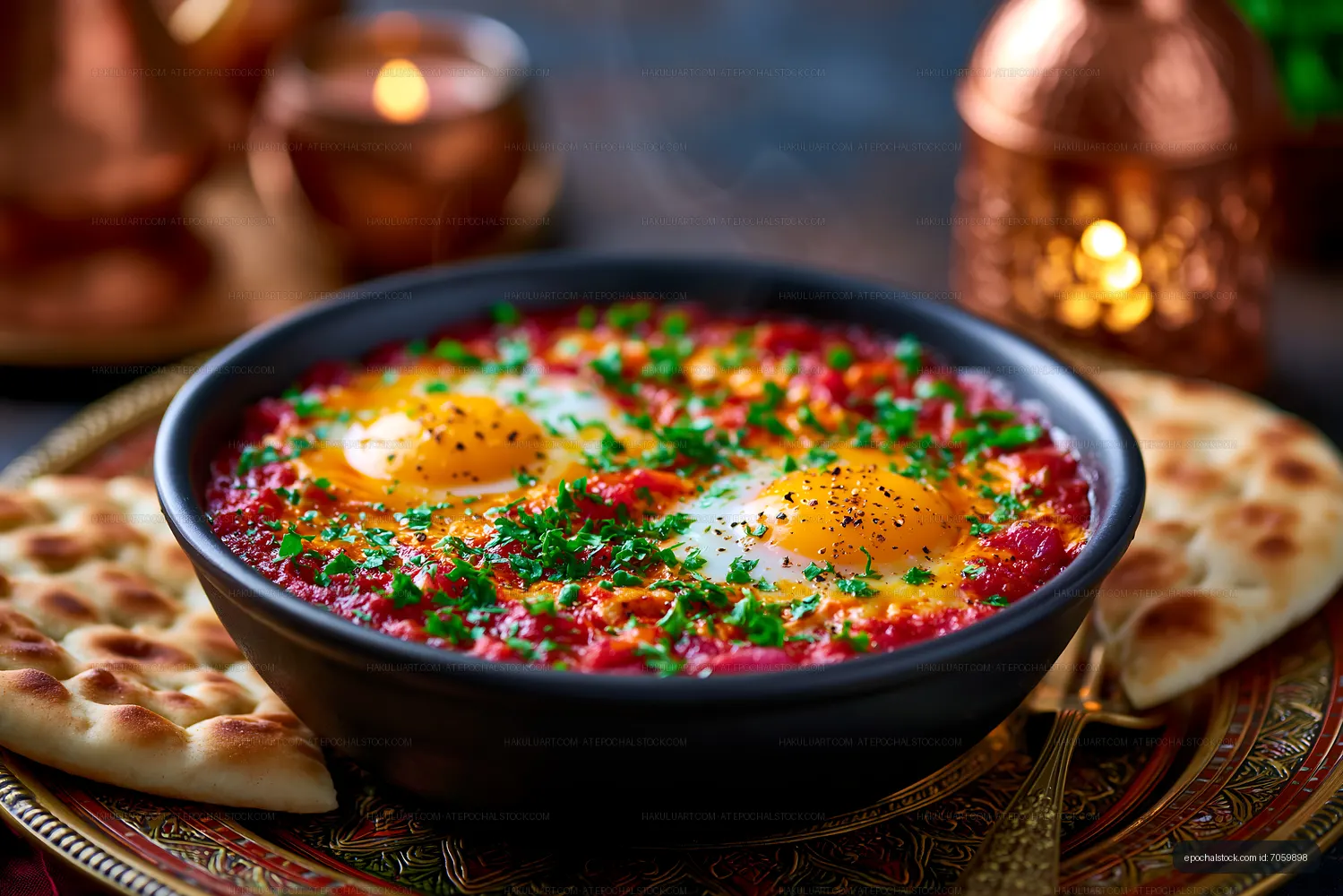 Breakfast bowl with eggs, herbs and naan bread on a table