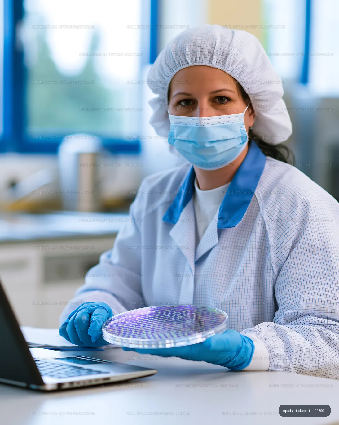 Scientist in lab coat holding petri dish and looking at laptop