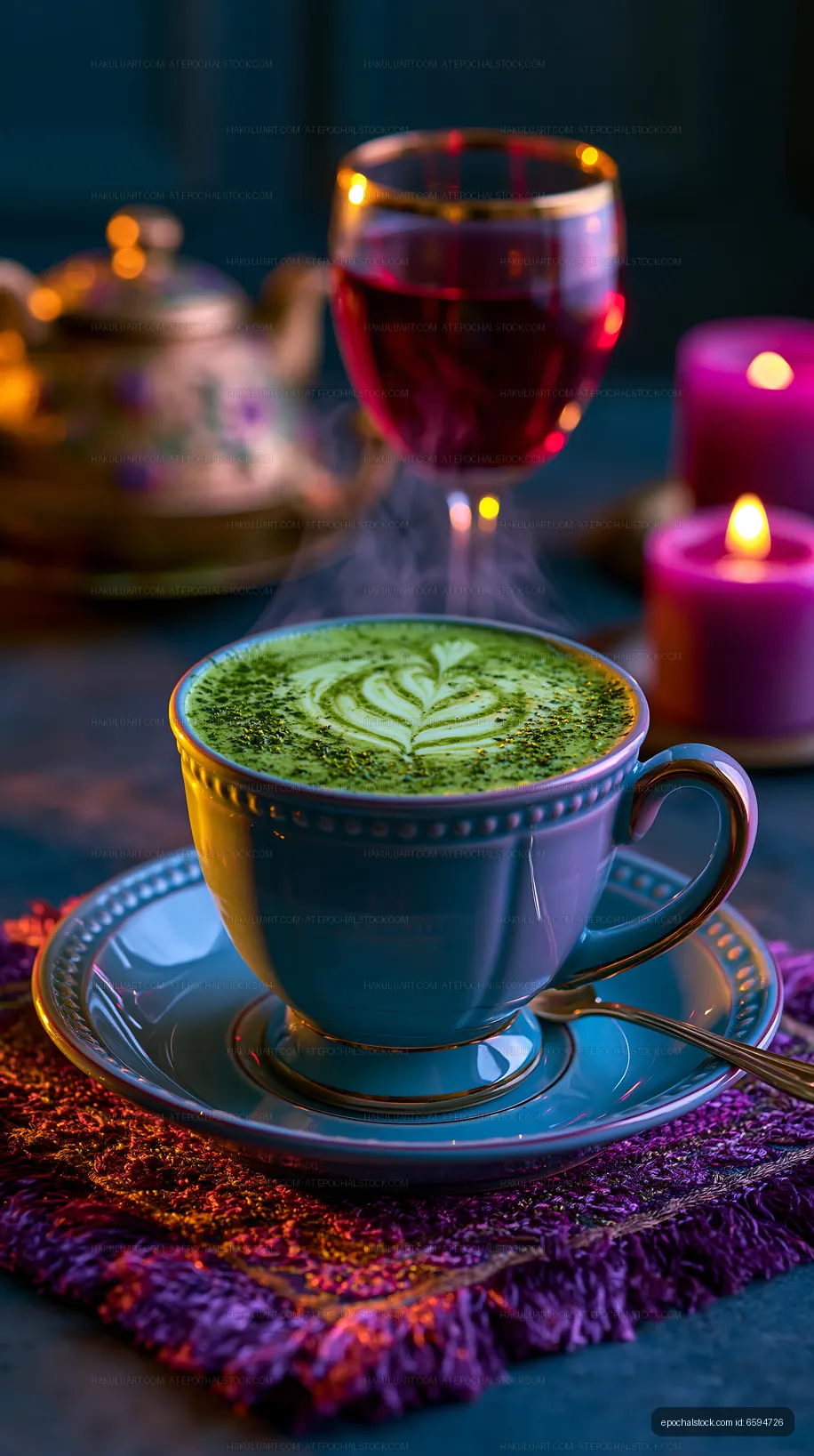 Hot matcha tea with steaming foam and a glass of red beverage