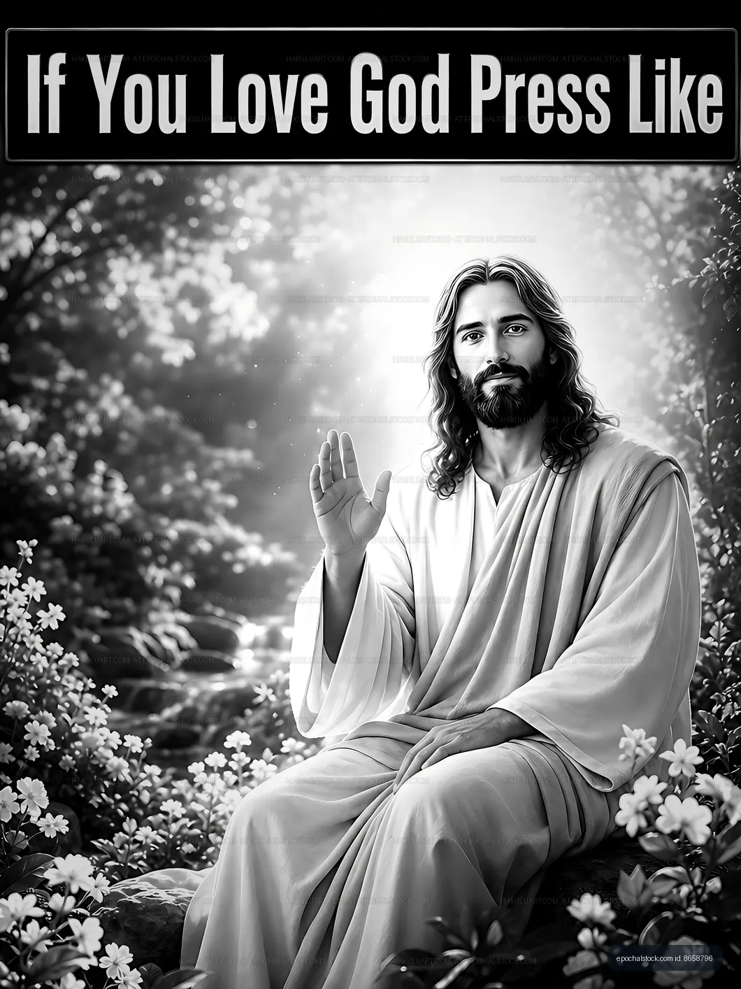 Jesus sitting in nature surrounded by flowers