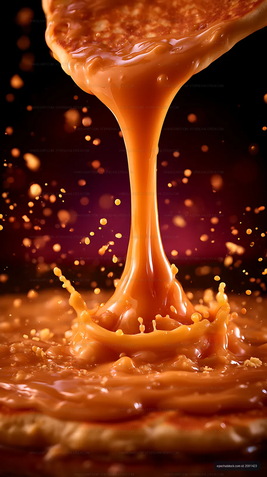 Caramel sauce pouring and splashing on surface