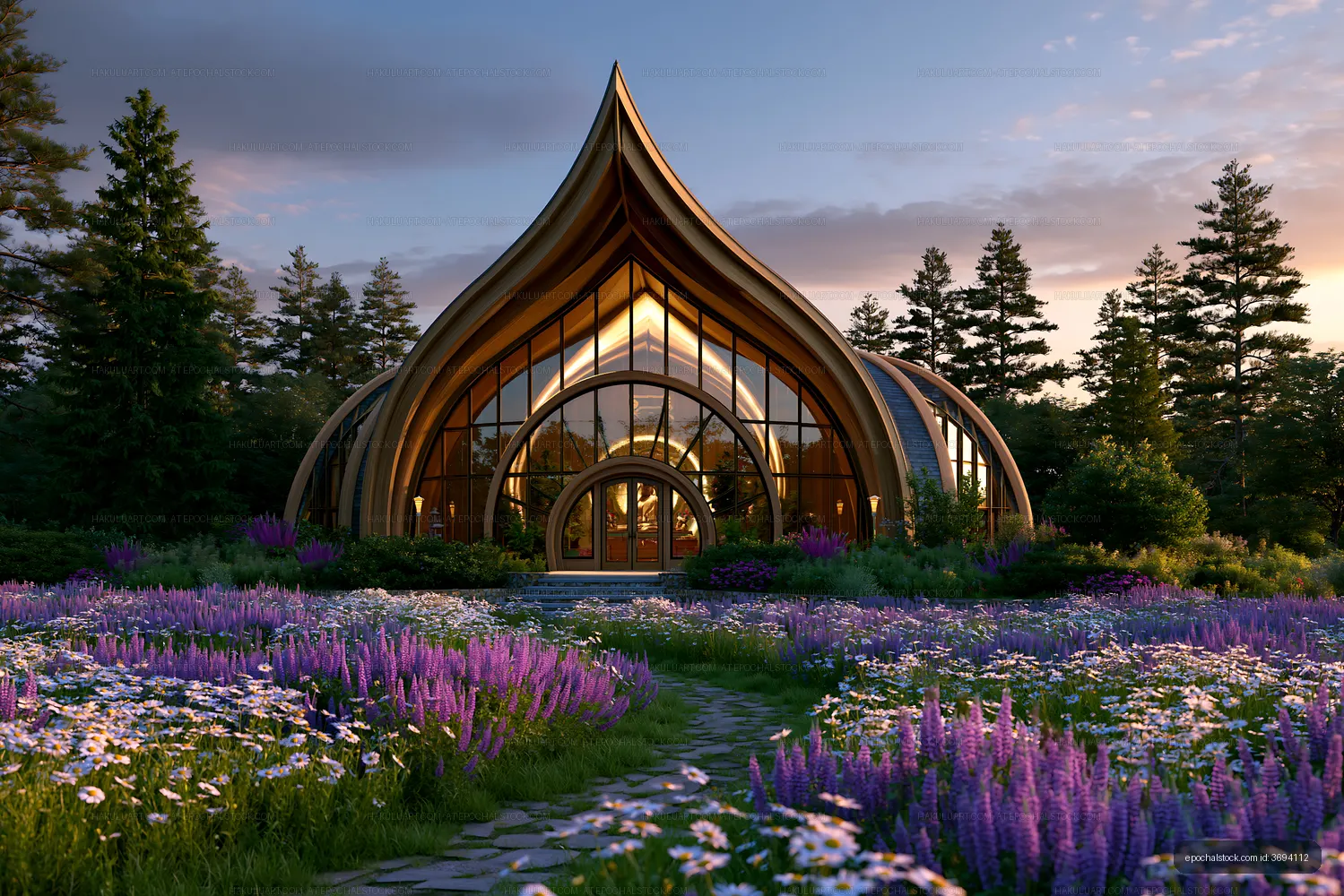Flower garden with modern building during sunset