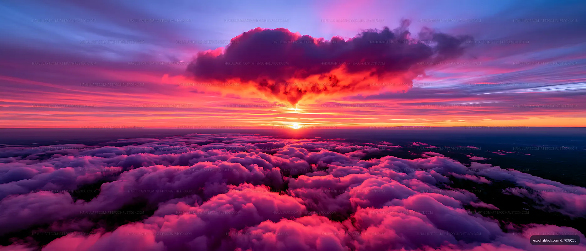 Sunset over clouds with vibrant colors in the sky