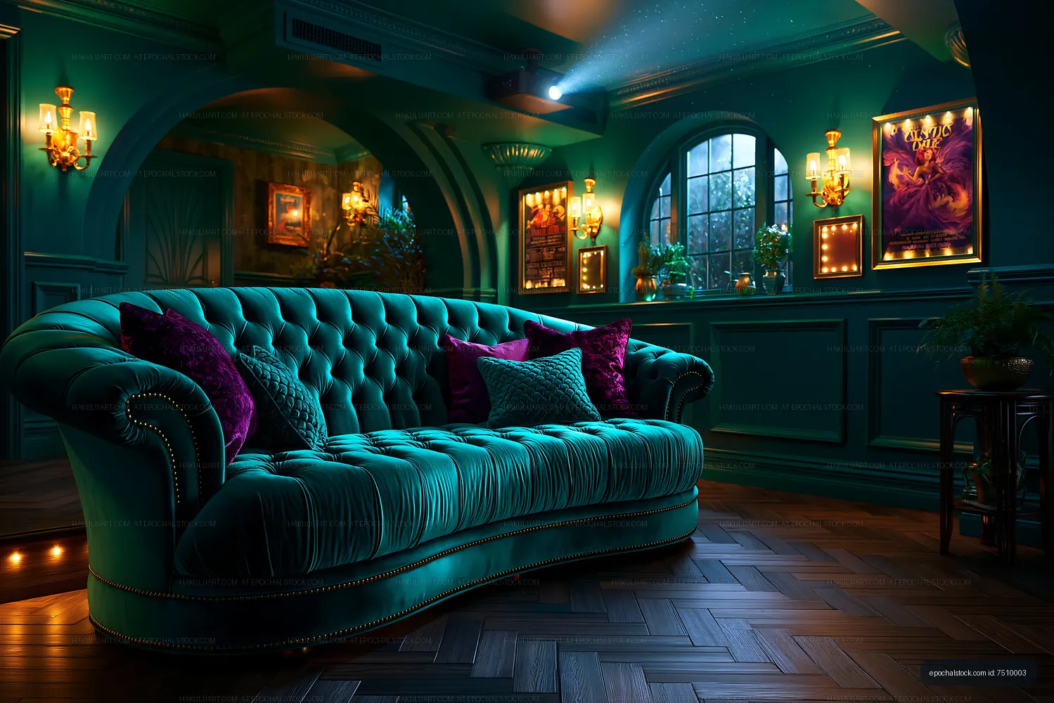 Luxurious teal sofa in a dimly lit modern interior