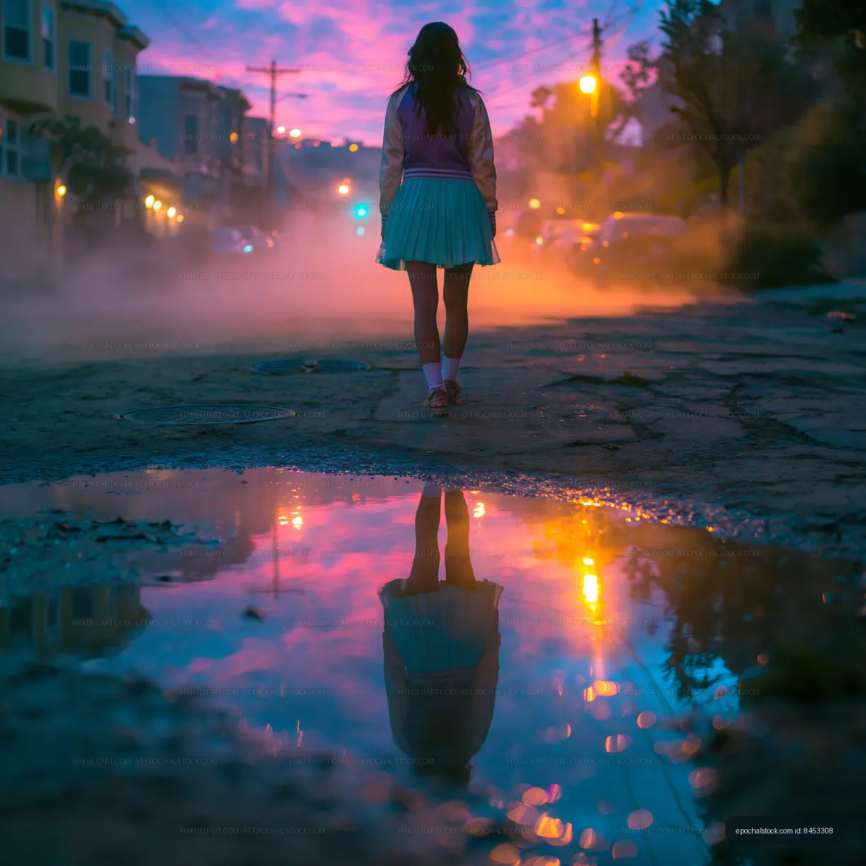 Woman walking on street with reflections at dusk