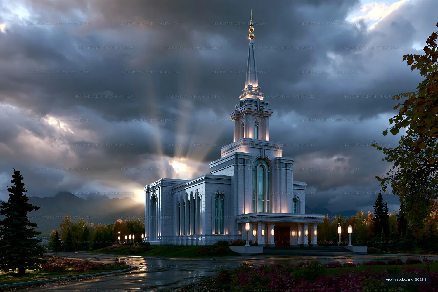 Church building surrounded by trees under a cloudy sky