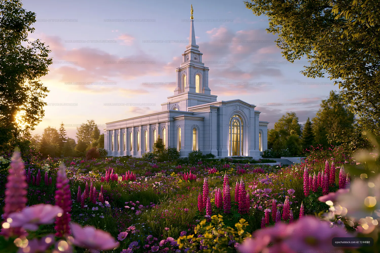 Sunset view of a temple surrounded by colorful flowers