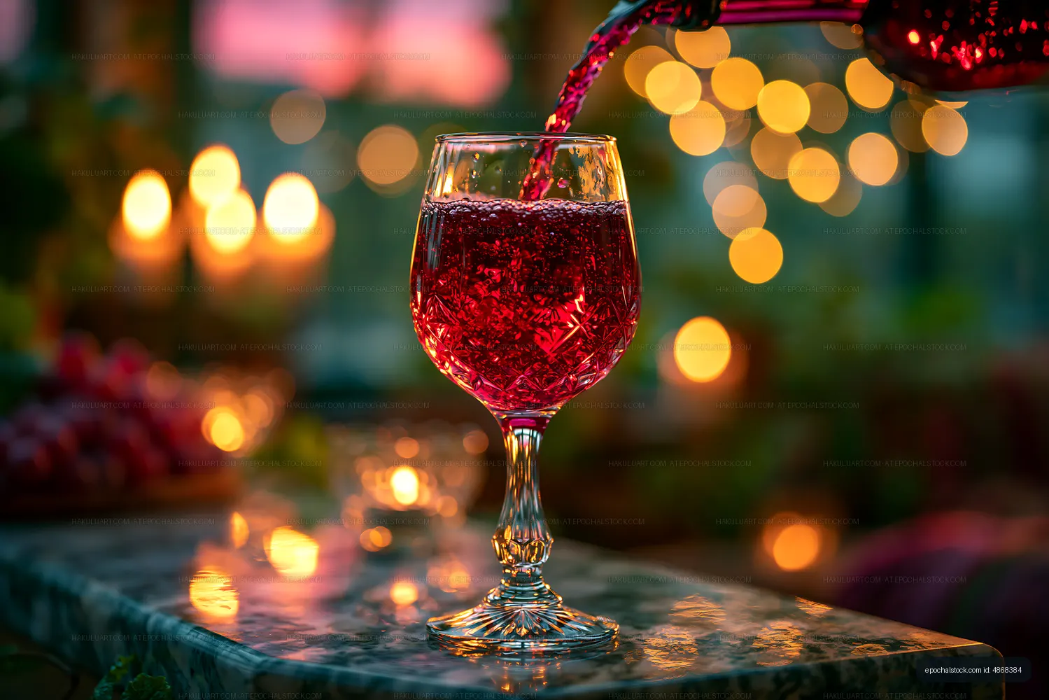 Red drink being poured into a glass with warm lights in the background