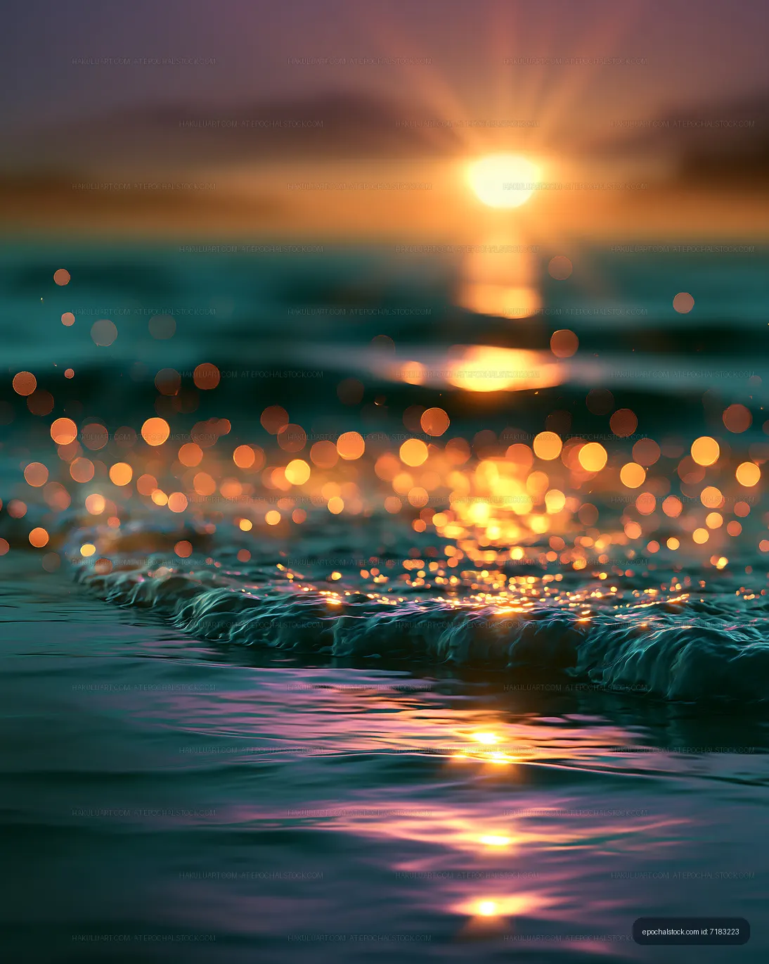 Sunset over water with sparkling waves and blurry reflections