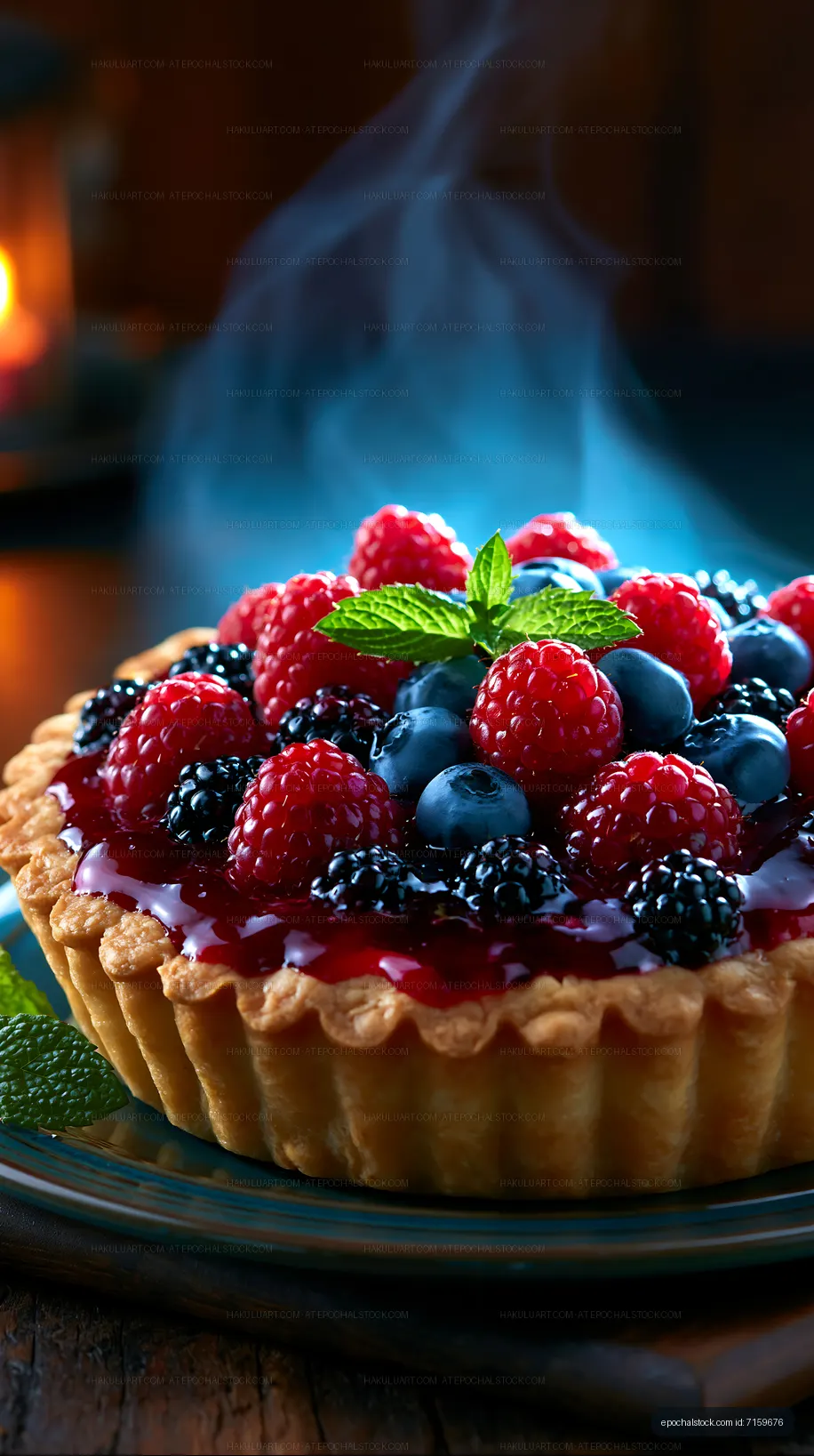 Fresh berry tart with steam on a wooden table