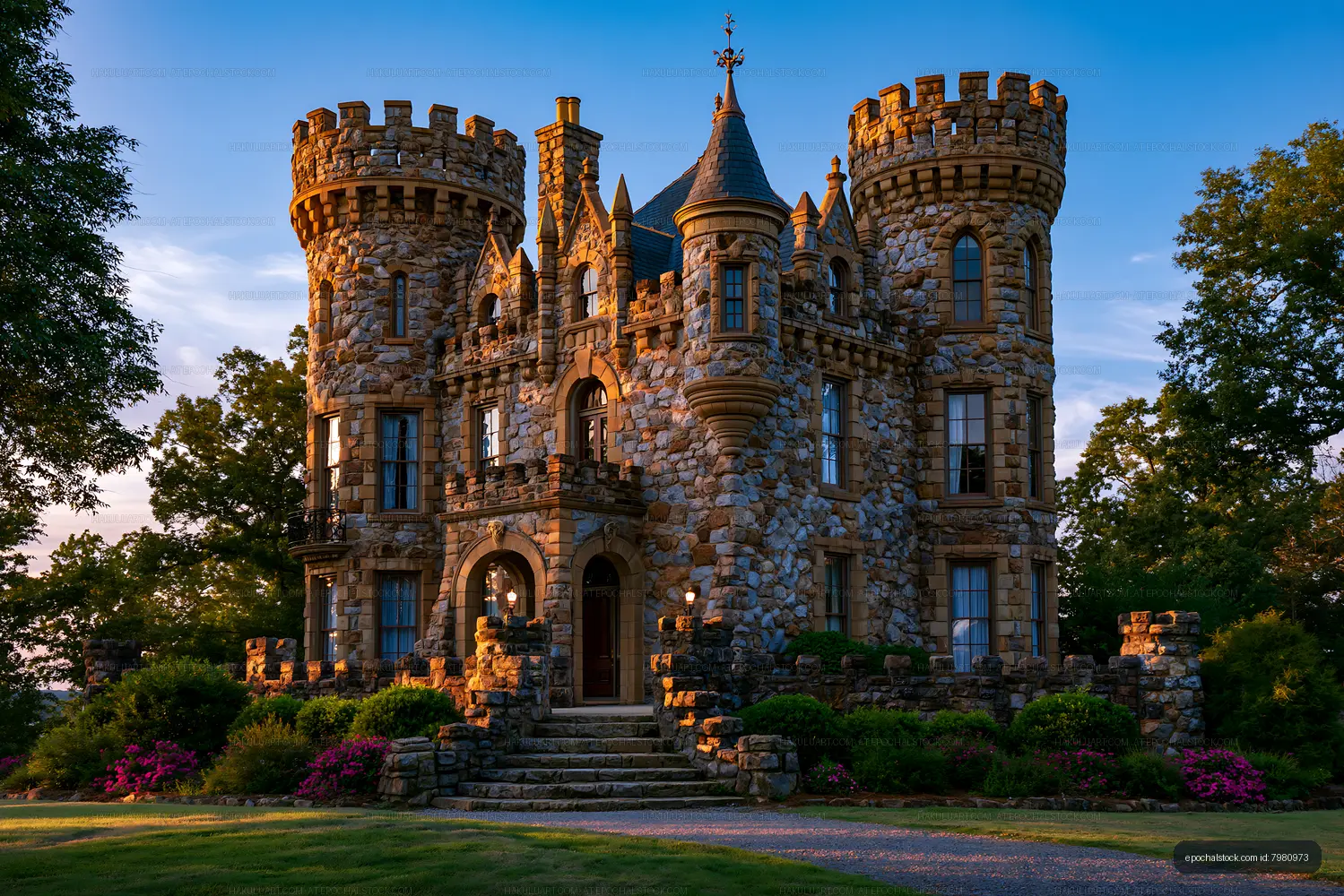 Historic stone castle with towers and garden at sunset