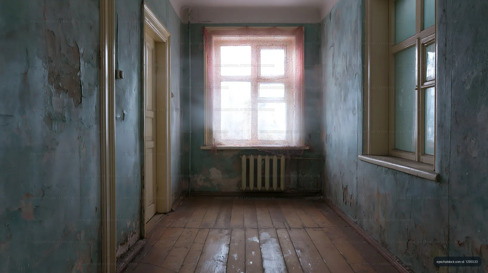Abandoned room with peeling blue walls and wooden floor