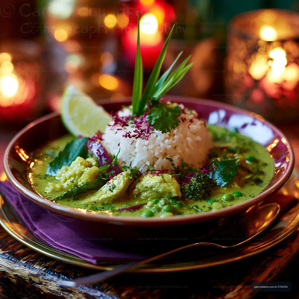 Delicious green curry with rice and herbs on a wooden table