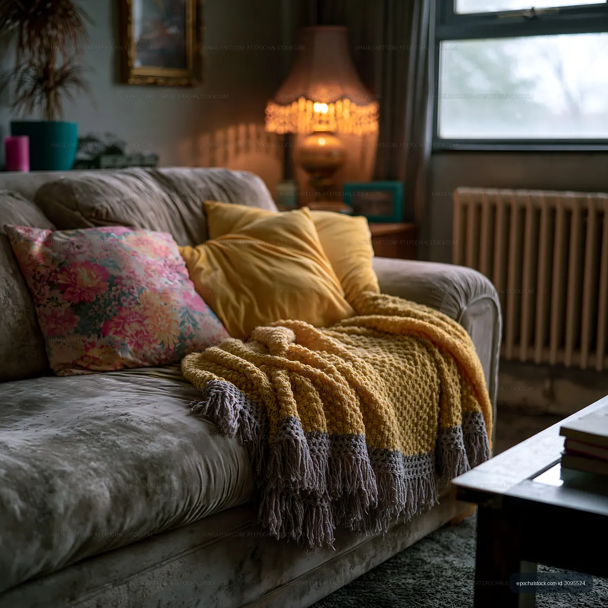 Cozy living room scene with a couch and colorful textiles