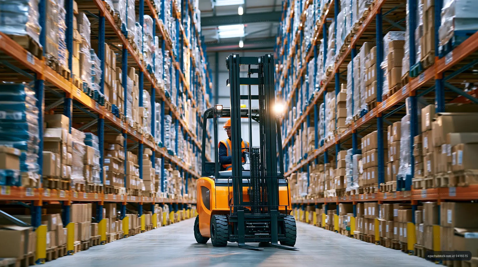 Forklift moving boxes in a large warehouse space