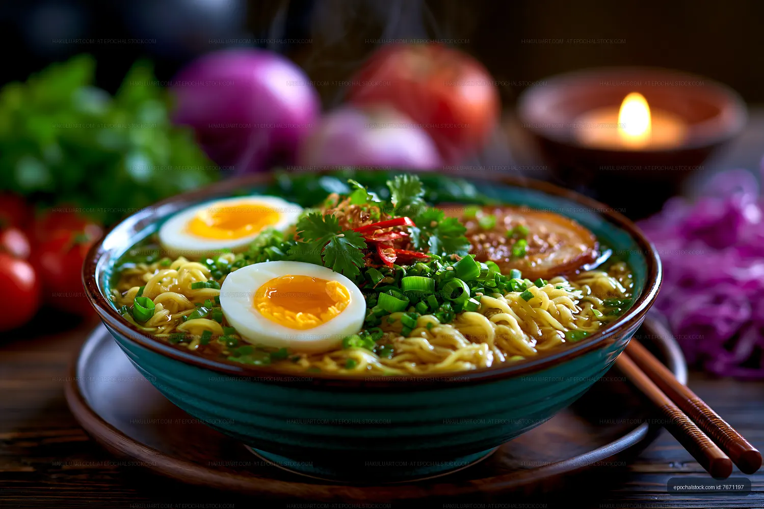 Hot noodles with eggs and herbs in a bowl on a wooden table