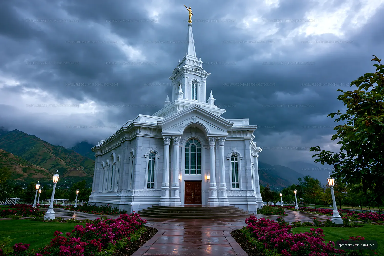 White church with tall spire under cloudy sky and flowers