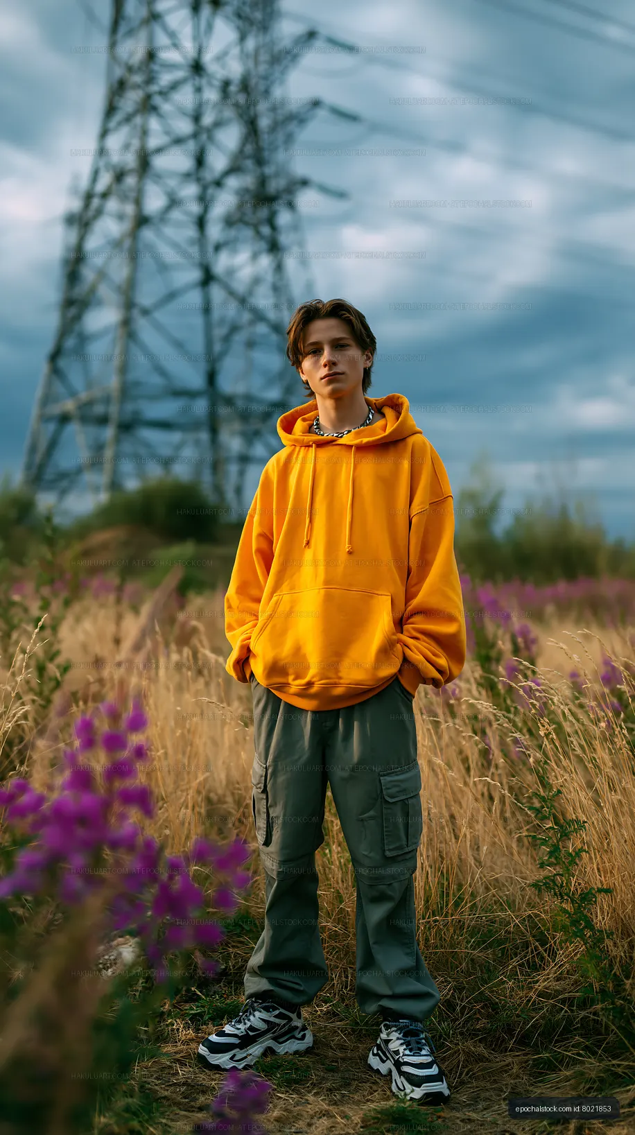 Young person in yellow hoodie standing in field with flowers