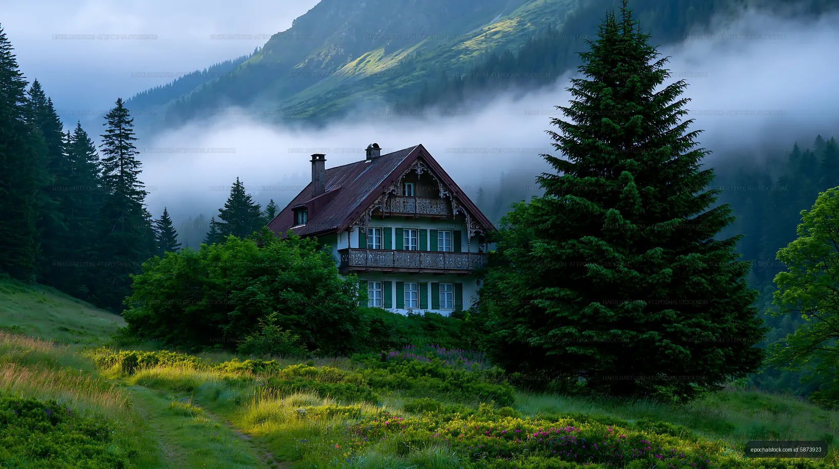 Mountain house surrounded by trees and fog in morning light