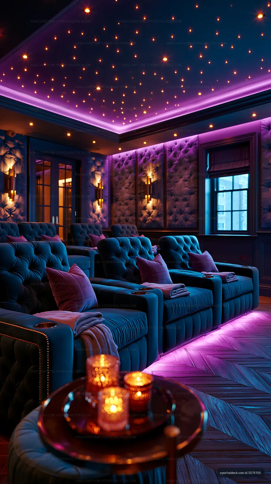 Cozy home theater with plush seating and colorful lighting