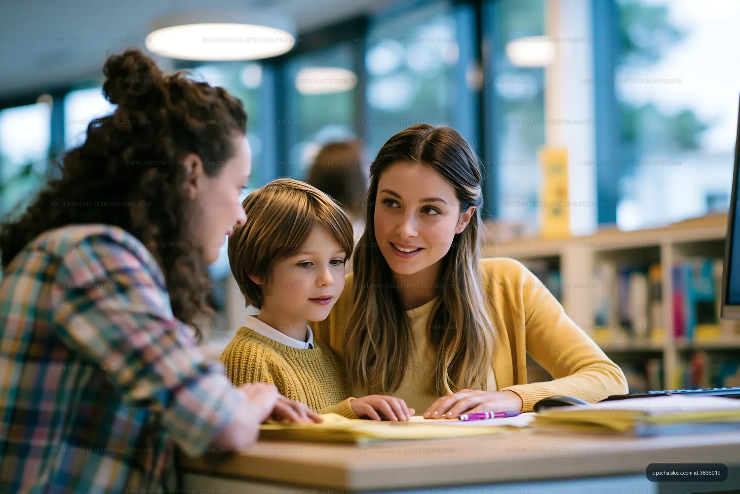 Family working together on a project in a library