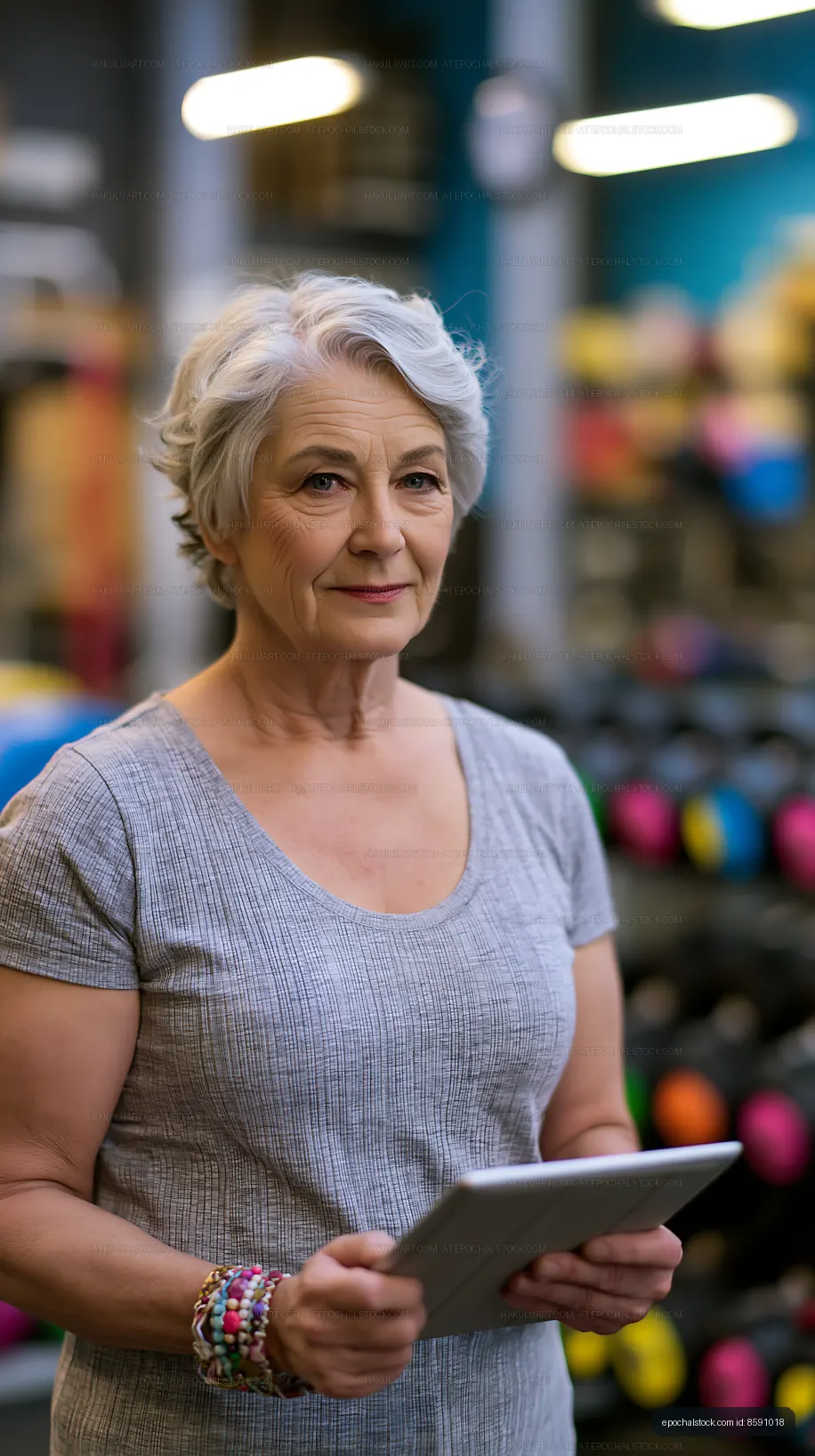 Older woman standing in gym holding tablet